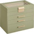 SONGMICS GISELLA Collection - Jewelry Box Organizer, 4-Layer Jewelry Storage with 3 Drawers, Shiny Metal Hardware, Glass Lid, Modern, 6 x 9.9 x 8.5 Inches, Laurel Green and Gold Color UJBC161C02