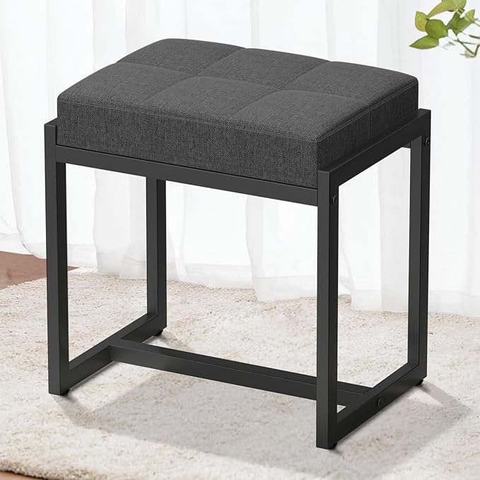 Vanity Stool, Vanity Chair Stools for Makeup Room, Square Linen Makeup Stool for Vanity, Modern Padded Small Ottomans Foot Rest for Bedroom Living Room, Dark Grey&Black