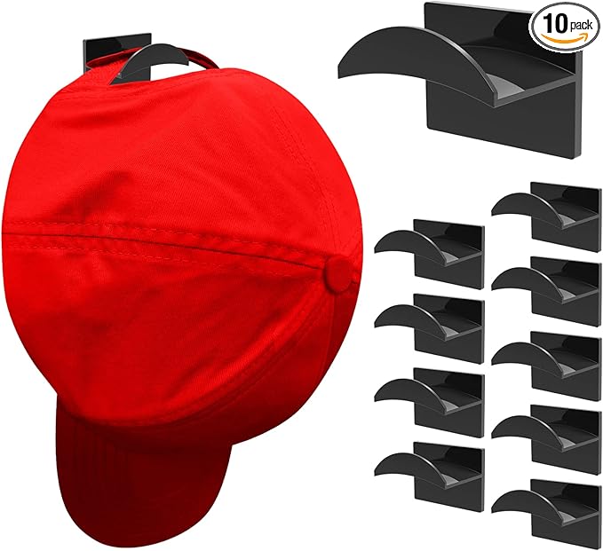 10 PCS Adhesive Hat Hooks for Wall, Strong Hold Hat Hangers, Minimalist Hat Rack Design, No Drilling, Hat Hooks for Baseball Caps, Hat Holder Organizer for Wall, Door, Closet, Office, Bedroom