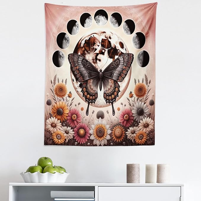 Ambesonne Boho Tapestry, Springtime Butterfly Art with Delicate Floral Garden and Dreamy Moon Circle, Fabric Wall Hanging Decor for Bedroom Living Room Dorm, 23" X 28", Pale Ruby Dark Taupe