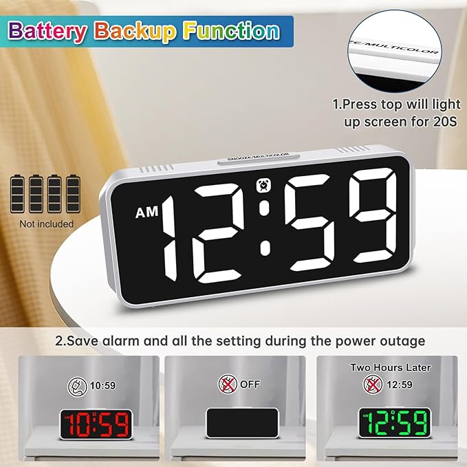 Peakeep Small Digital Alarm Clock Plug in for Kids Bedroom Bedside Nightstand, 8 RGB Colors Large Display Dimmable 6 Brightness, Corded Electric Battery Backup (White - RGB)