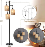 Floor Lamp for Living Room,Bedroom,3-Lights Boho Rattan Tree Floor Lights,Industrial Black Farmhouse Standing Lamp Wicker Rustic Tall Lamp,Woven Bamboo LampShade Floor Lamps Bohemian