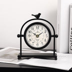 MODE HOME Vintage Farmhouse Table Clock with Bird Topper, Silent Non-Ticking Mantel Clock with Closable Back Cover, Black Iron Decorative Desk Clock for Living Room, Fireplace Mantel & Bedroom, 8 Inch