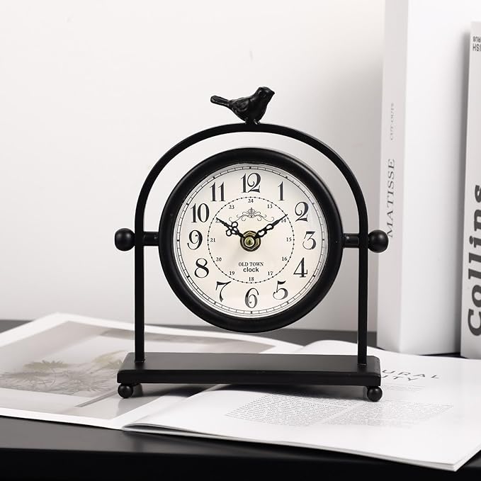 MODE HOME Vintage Farmhouse Table Clock with Bird Topper, Silent Non-Ticking Mantel Clock with Closable Back Cover, Black Iron Decorative Desk Clock for Living Room, Fireplace Mantel & Bedroom, 8 Inch