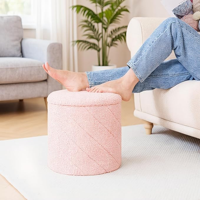 17" Foldable Boucle Round Storage Ottoman,Space-Saving Footrest/Seating/Coffee Table for Small Apartments,Dorms & Bedrooms-Pink