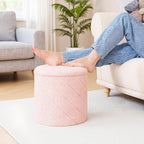 17" Foldable Boucle Round Storage Ottoman,Space-Saving Footrest/Seating/Coffee Table for Small Apartments,Dorms & Bedrooms-Pink