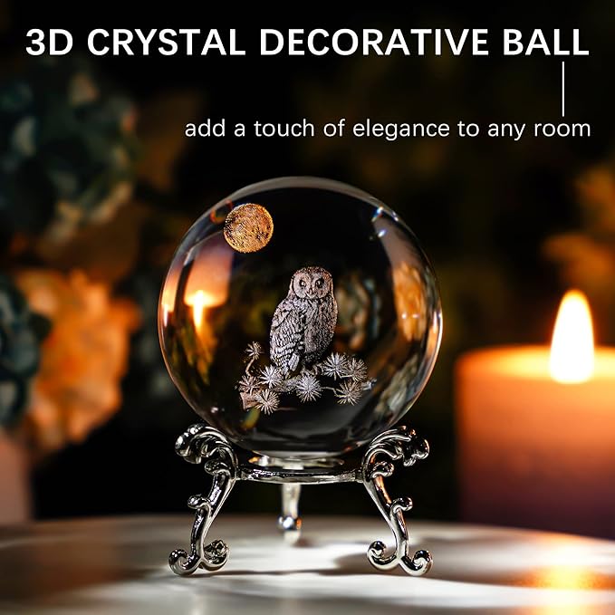 HDCRYSTALGIFTS 60mm 3D Laser Crystal Ball Paperweight OWL Figurines Glass Sphere Decorative Balls with Stand Gift