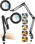 10X Magnifying Glass with Light and Clamp, Ultra Long 3 Section Swing Arm LED Desk Lamp, Real Glass Lens, 5 Color Modes Dimmable, Hands Free Lighted Magnifier with Stand for Repair Craft Close Work