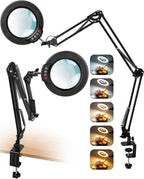 10X Magnifying Glass with Light and Clamp, Ultra Long 3 Section Swing Arm LED Desk Lamp, Real Glass Lens, 5 Color Modes Dimmable, Hands Free Lighted Magnifier with Stand for Repair Craft Close Work