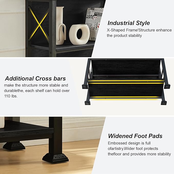 HOMBAZAAR 3-Tier Small Bookshelf, 35.4 Inch Short Book Shelf with Sturdy Metal Frame & Wood Shelves, Black Industrial Bookcase for Living Room, Bedroom, Office
