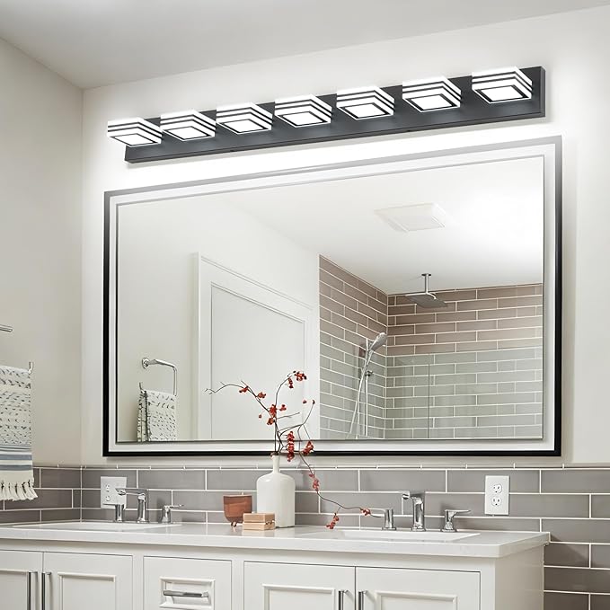 SOLFART LED Modern Vanity Lights Fixtures: 7 Lights Acrylic Matte Black Modern Bathroom Wall Light Over Mirror 46inch