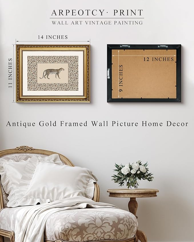 ARPEOTCY Gold Framed Canvas Wall Art, 11x14 Vintage Leopard Illustration with Leopard-Print Border, Safari Animal Wall Art for Living Room, Bedroom, Office, Glam & Maximalist Home Decor