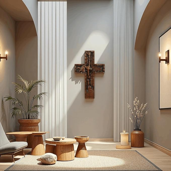 Crucifix Wall Cross for Home Decor, Handmade Religious Wood Cross for Hanging Wall Or Table, Catholic Christian Gifts for Church Home Room Christmas Décor with Blessed, Symbol of Redemption, 15 in