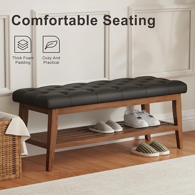 LEILISI Entryway Shoe Bench with Storage, End of Bed Bench, Microfiber Leather Upholstered Button-Tufted Seat Bench with Solid Wood Frame for Living Room, Bedroom (Black, 39.4'')