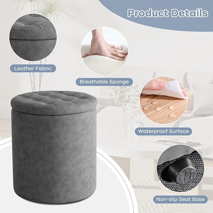 12.6" W x 14.17" H & 14.76" W x 17.32" H Round Set of 2 Ottoman with Storage Vanity Stool for Makeup Multifunctional Ottomans Padded Seat Foot Rest, Padded Seat Footrest for Living Room,Grey