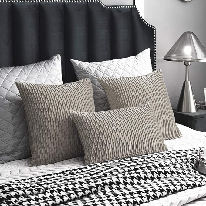 Tan Throw Pillow Cases 12x20: 2 Pack 12x20 Inch Original Striped Velvet Rectangular Decorative Pillow Covers for Farmhouse Couch