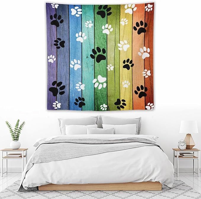VUMIVI Dog Paw Tapestry Vintage Rustic Colorful Barn Boards Black White Animal Footprints Tapestry Wall Hanging for Living Room Bedroom Dorm Classroom Aesthetic Decor W60xL60in
