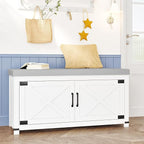 Shoe Storage Bench, 2 Tier Shoe Bench with Padded Seat Cushion & 2 Barn Doors, Entryway Bench with Adjustable Shelf, Farmhouse Shoe Cabinet for Living Room, Bedroom, White SB26603GY