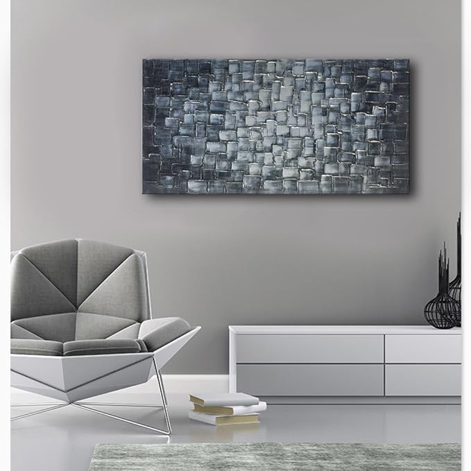 MyArton Textured Abstract Squares Canvas Wall Art Hand Painted Modern Silver Oil Painting Picture for Home Decoration Ready to Hang 40x20inch