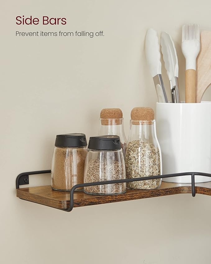 VASAGLE Corner Shelf Wall Mount Set of 2, Floating Shelves, Small Wall Shelf for Decor Storage, for Living Room Bedroom Kitchen Bathroom, Rustic Brown and Black ULLS831B01
