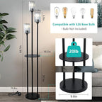 HMVPL Crystal Floor Lamp with Shelves, Modern Floor Lamps for Living Room, 3-Light Standing Lamps with Table, Black Tall Lamp with Crystal Shade, On/Off Foot Switch, Corner Floor Lamp for Bedroom