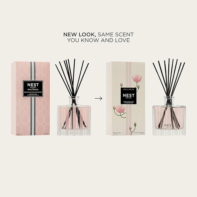 NEST New York Reed Diffuser, Himalayan Salt & Rosewater - 5.9 fl oz - Fragrance for Up to 90 Days - Reusable, Refillable Glass Holder - Includes 8 All-Natural Reed Sticks - Flame Free