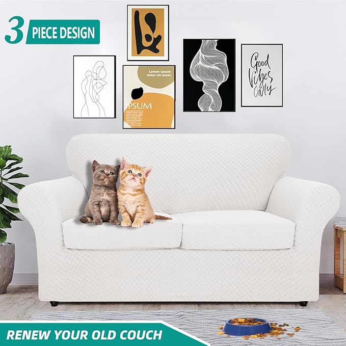 YEMYHOM Latest Checkered 3 Pieces Couch Covers for 2 Cushion Couch High Stretch Thickened Love Seat Sofa Cover for Dogs Pets Anti Slip Elastic Loveseat Slipcover Protector (White), 55"-69"(2 CUSHIONS)