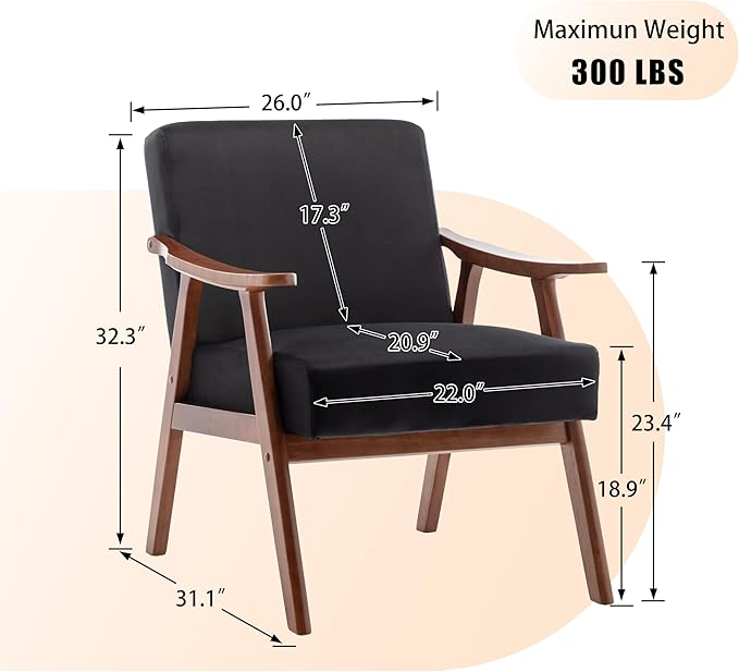 KEIKI Mid-Century Modern Accent Chair with Solid Wood Frame, Wingback Armchair for Living Room Bedroom Home Office Lounge Seating