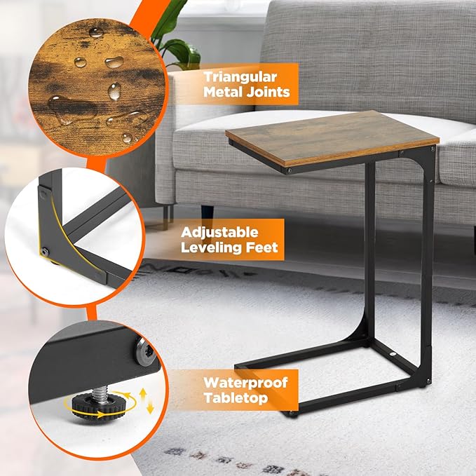 FDW C-Shaped End Table Wooden Top Side Table Adjustable Feet Small Cough Table Bedside End Table with Metal Frame for Bedroom Living Room,Brown