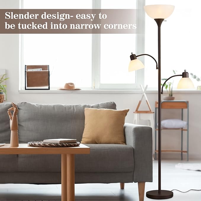 Luvkczc Floor Lamps for Living Room, 72" Tall Standing Lamp, Torchiere Lamp with 2 Reading Lamps, Industrial Bright Floor Lamp for Bedroom, Office, Dresser, Brown Lamps, 3 LED Bulbs Included
