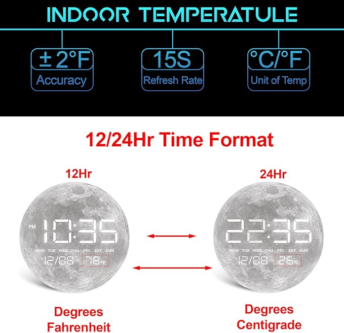 Digital Wall Clock, LED Moon/Earth Design, Temperature Display, 7.87 x 7.87 inches (Moon, 7.87 INCH)