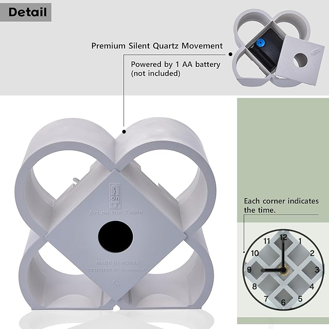AonT Design Modern Desk Clock (Korean Lotus Motif) (Silent Quartz) Made in Korea – Decorative Minimalist Analog Shelf Clock for Table and Living Room Décor (White)