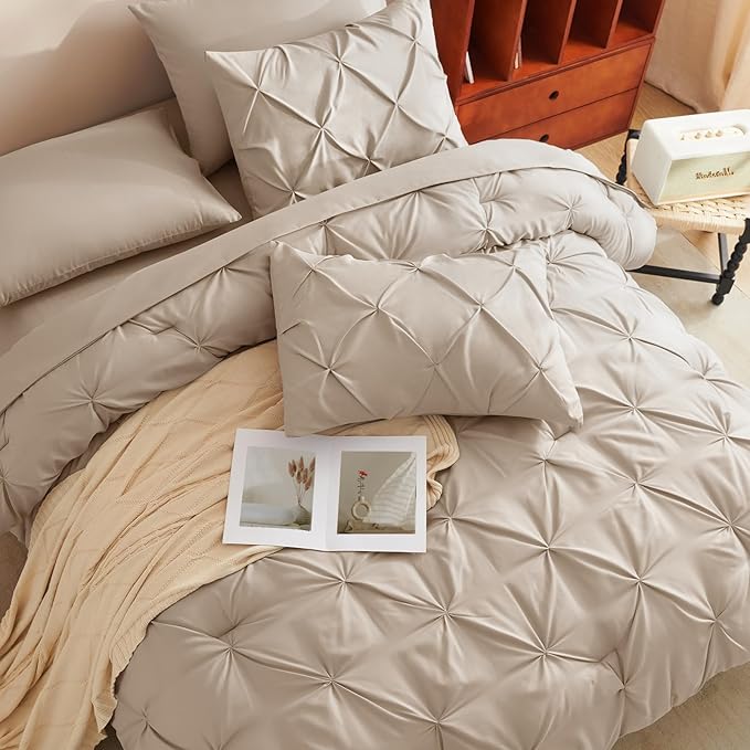 CozyLux Queen Comforter Set Wheat, 7 Pieces Pintuck Bed in A Bag, Premium Wheat Comforter Queen Size, Pinch Pleat Bedding Sets with Comforter, Sheets, Pillowcases & Shams