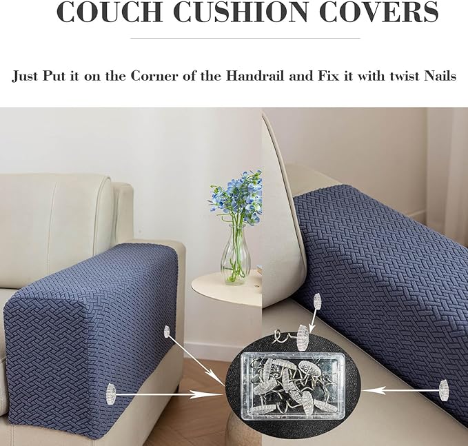 2Pcs Couch Arm Covers, Armrest Cover for Sofa, Sofa Arms Covers Washable Arms with Twist Pins Soft,Skin-Friendly for Pets (Texture Ivory White, Armrest Cover)