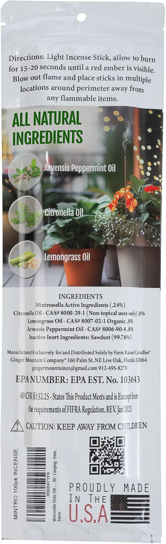 Farm Raised Candles Mintronella Citronella & Peppermint Mosquito Repellent Incense Sticks – 100 Pack – USA‑Made Natural Bug & Insect Repellent – Outdoor Camping, Patio Decor – No‑See‑Um & Gnats, Fly's