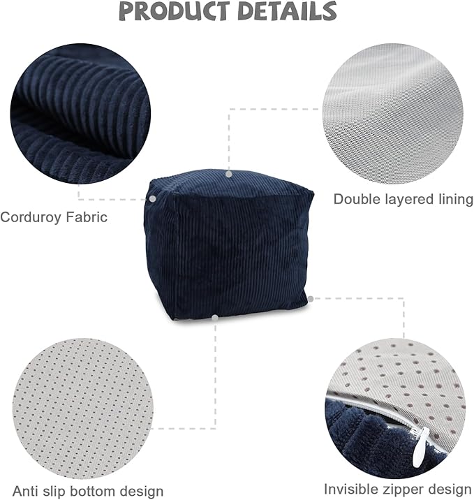Sexysamba Square Corduroy Pouf Cover Only, 20"x 16" Unstuffed Decorative Ottoman Foot Stool Rest, Washable Storage Bean Bag Chair Floor Pouf Covers for Living Room Bedroom, Navy Blue