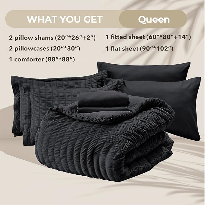 HYMOKEGE Black Queen Comforter Set Seersucker 7 Pieces, All Season Luxury Bed in a Bag for Bedroom, Bedding Set with Comforters, Sheets, Pillowcases & Shams