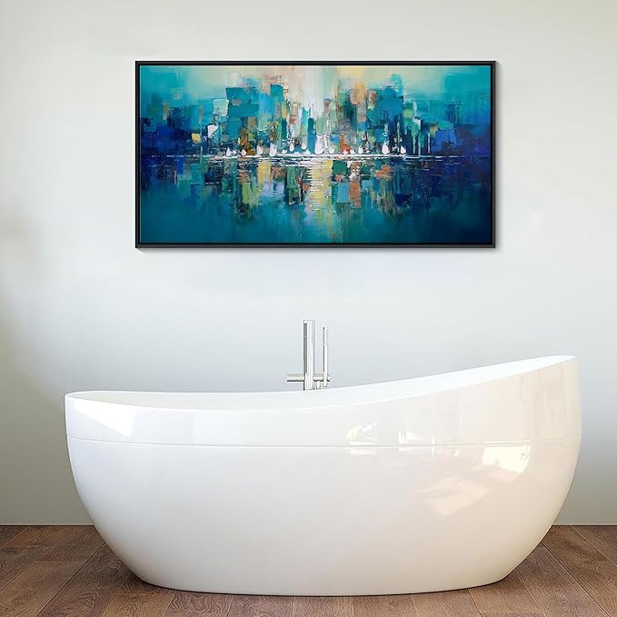 Large Wall Art for Living Room - Abstract Wall Decor Framed Picture Artwork for Wall Decorative Paintings Teal and White Modern Office Bedroom Art