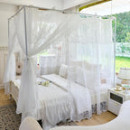 AIKASY Elegant Lace Princess 4-Poster Bed Canopy Mosquito Net - Romantic Wedding Bridal Bedroom Decor, Kids Room Bed Curtain for Women Adults - (White1,Queen)