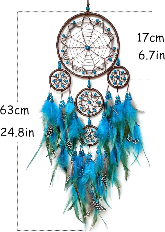Large Dream Catcher Wall Decor Blue Dream Catchers with Wooden Bead Handmade Feather Dreamcatcher Wall Hanging Ornament for Bedroom Living Room Home Decor