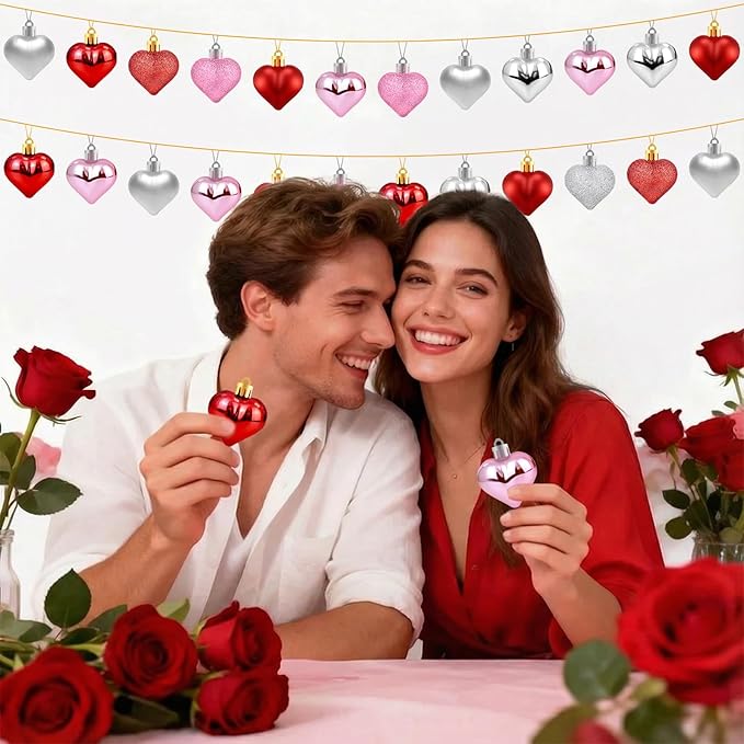 36Pcs Valentines Heart Ornaments, Red Pink Silver Glitter Valentines Decorations Heart Shaped Baubles, Romantic Hanging Valentine Day Tree Ornaments Decorations for Home Office, 3 Styles