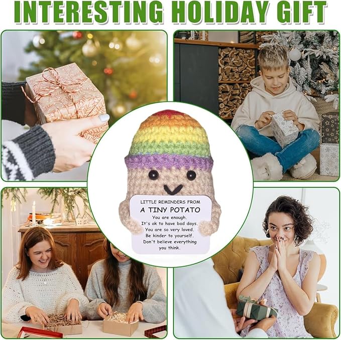 Funny Knitted Wool Doll Toy with Positive Card, Creative Cute Mini Crochet Positive Potato Dolls Cheer Up Gift for Family Kids Friends Encouragement Decoration (A- Little Reminder from Potato)