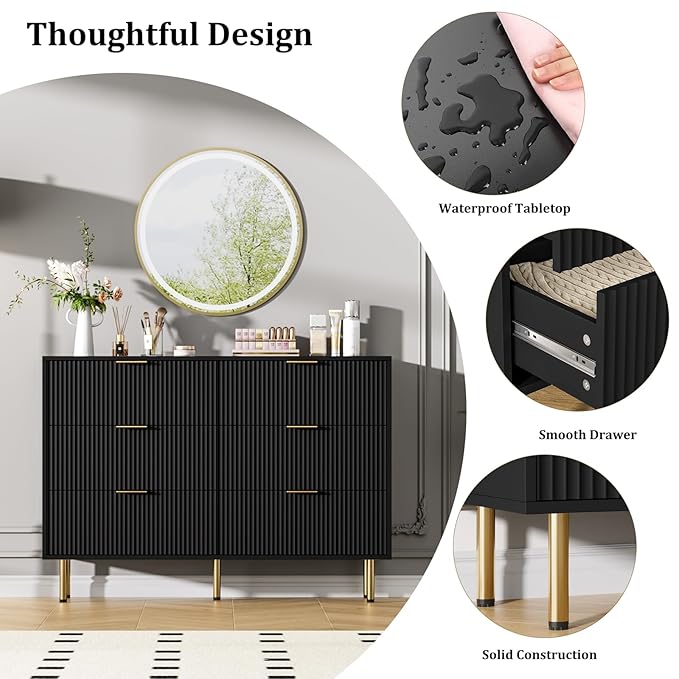 GarveeHome 6 Drawers Dresser for Bedroom, Fluted Dresser Chest of Drawers with Handle, Wood Modern Dressers for Closet, Bedroom Furniture Storage Organizer for Living Room, Hallway