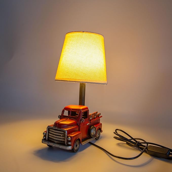 Berfutall-Decorative Rustic Red Vintage Truck USB Table Lamp，Night Light with Burlap Shade, 6.7 x 4.7 x 6.7 inches
