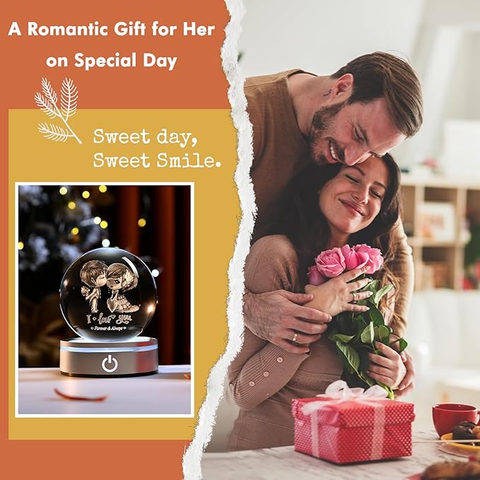 IFOLAINA Romantic Valentines Gifts for Wife Girlfriends Women I Love You Gifts for Her Couple Anniversary Birthday 3D Crystal Ball Night Light Glass Globe Decorative Decor
