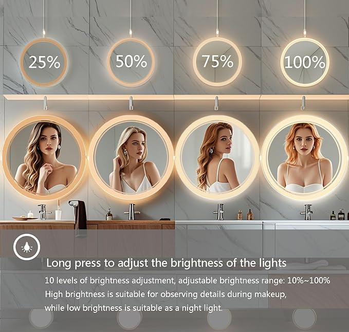 Wall-Mounted Round Bathroom Mirror with LED-Lights - 32 Inch Vanity Mirrors with Dimmable (32" x 32",Frameless)