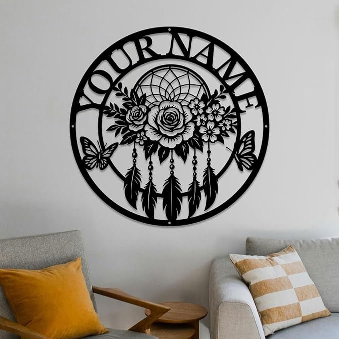 Personalized Dream Catcher Metal Wall Art - Custom Name Iron Sign for Home Decor, 8-30 Inch Black (Style K)