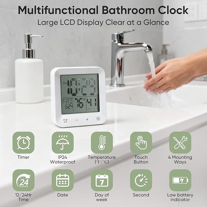 Bathroom Clock Waterproof Shower Timer, Digital Wall Clock with Countdown, Touch Screen, LCD Display, Temperature, Suction Cup/Hanging Hole/Stand, Spa Sauna, Kids and Adults I White