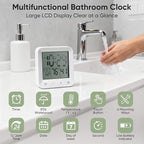 Bathroom Clock Waterproof Shower Timer, Digital Wall Clock with Countdown, Touch Screen, LCD Display, Temperature, Suction Cup/Hanging Hole/Stand, Spa Sauna, Kids and Adults I White