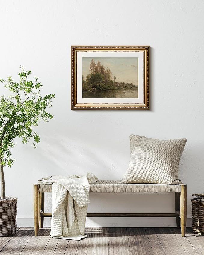 ARPEOTCY Vintage Gold Framed Wall Art Decor, 13x16 inch River Banks Landscape Paintings, Classic Vintage Room Decor, Canvas Prints Antique Frame Home Wall Art for Living Room Bedroom